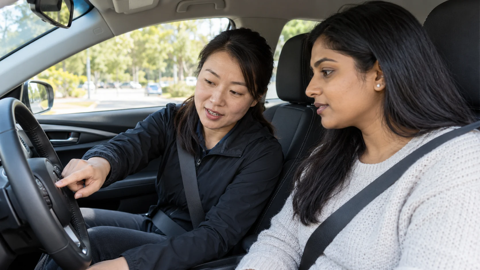 Instructor explaining assistance controls to a learner inside a stationary car.