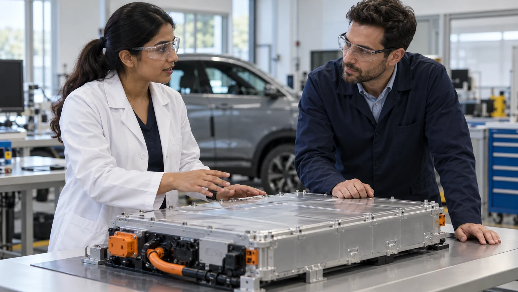 Automotive engineers discussing an enclosed battery demonstration module in a laboratory.