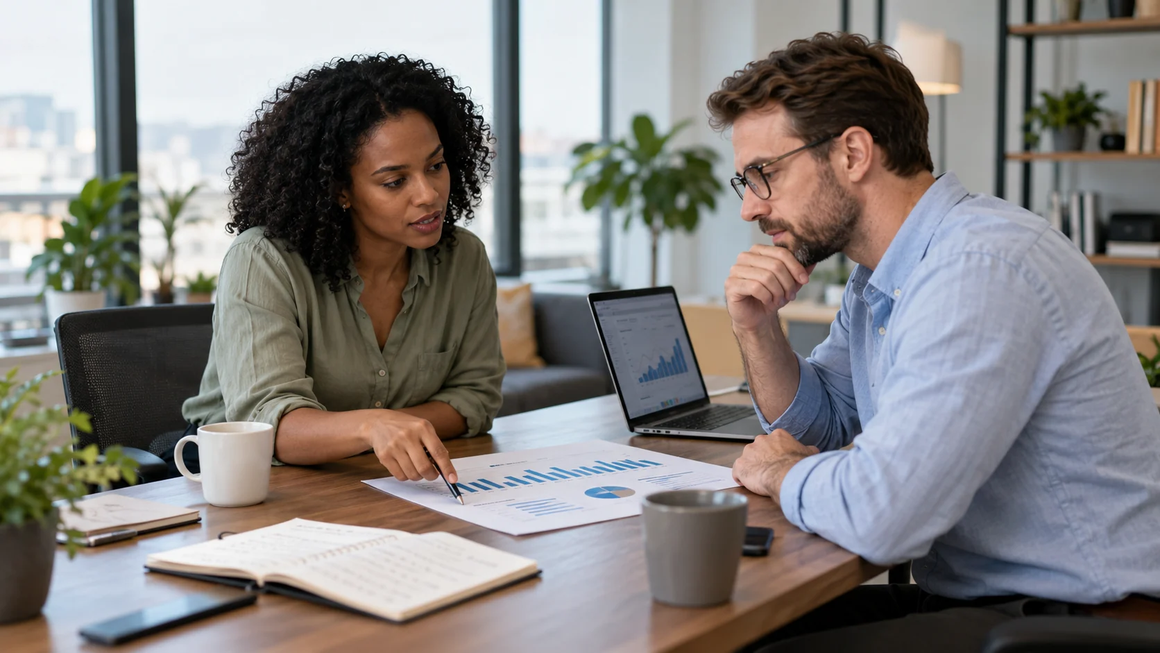 Agency colleagues comparing advertising attribution and sales charts.