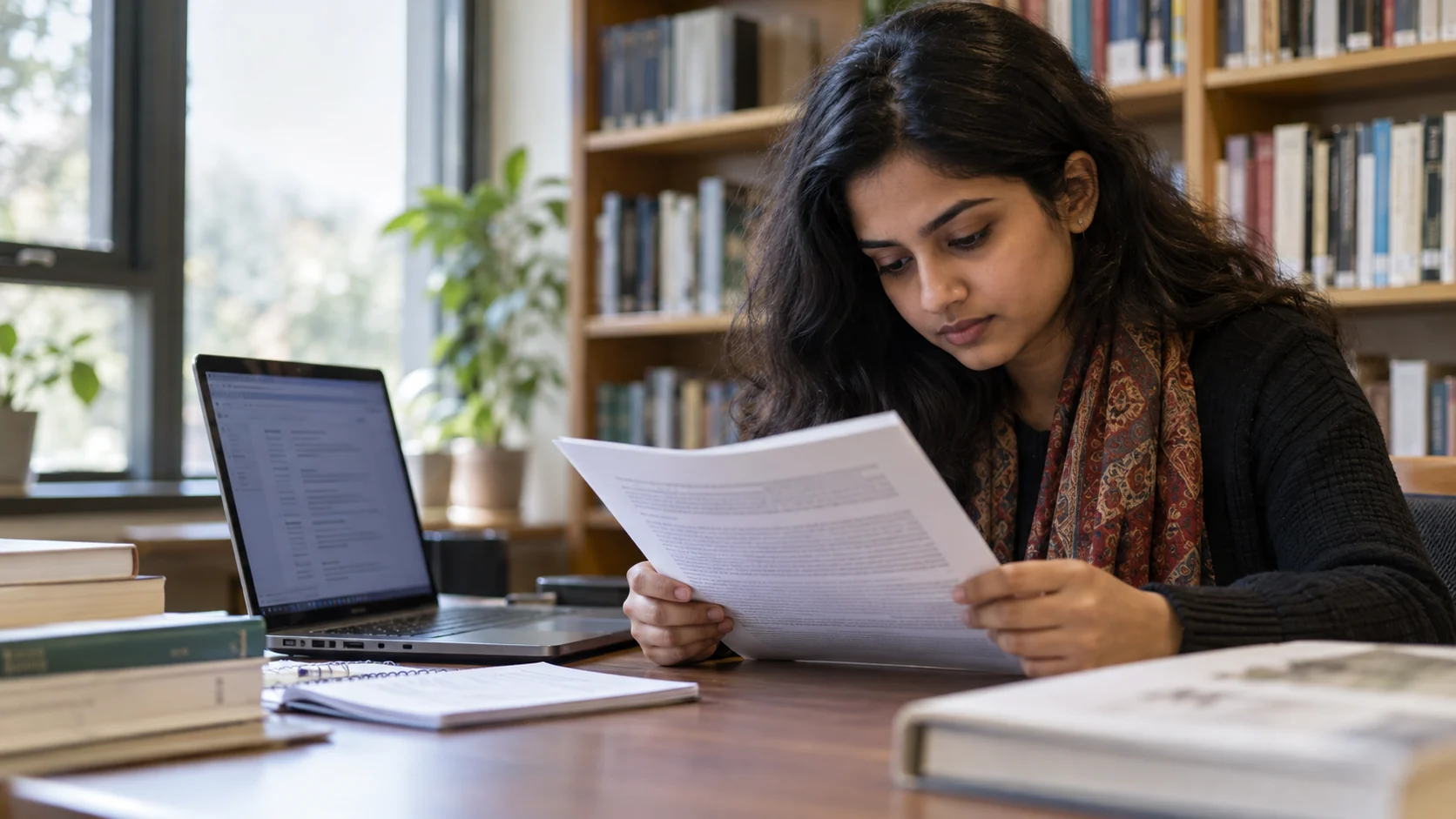 Researcher comparing a printed source document with online search results.