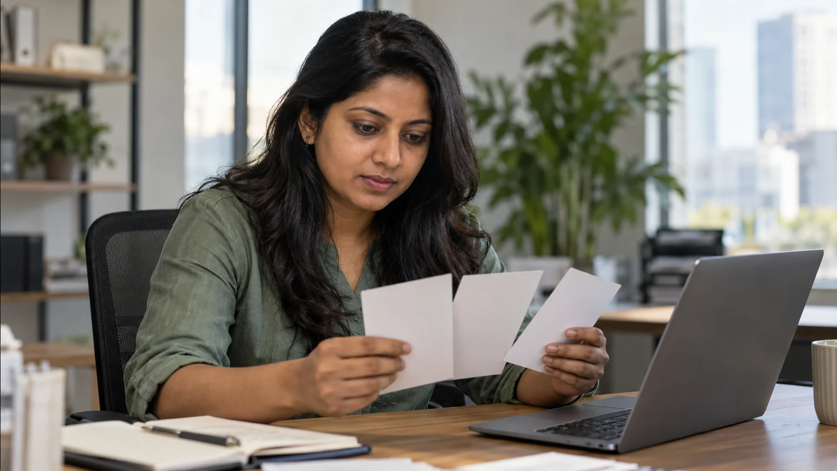 Customer operations lead organizing customer record cards beside a laptop.