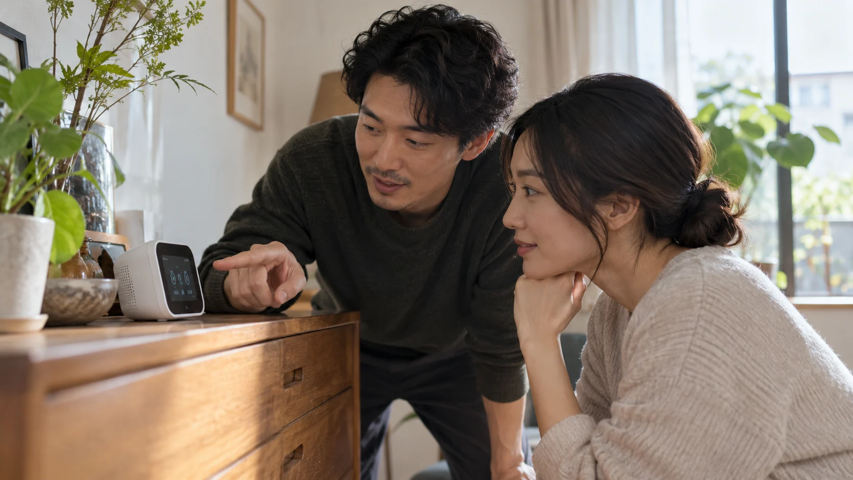 Couple discussing readings on a home climate monitor.