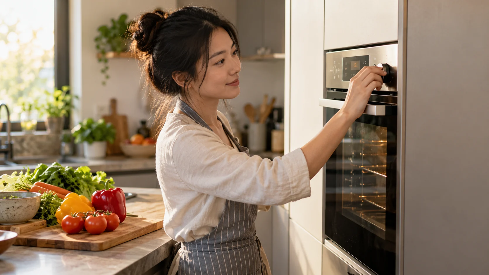 Home cook checking an oven control dial in a contemporary kitchen.